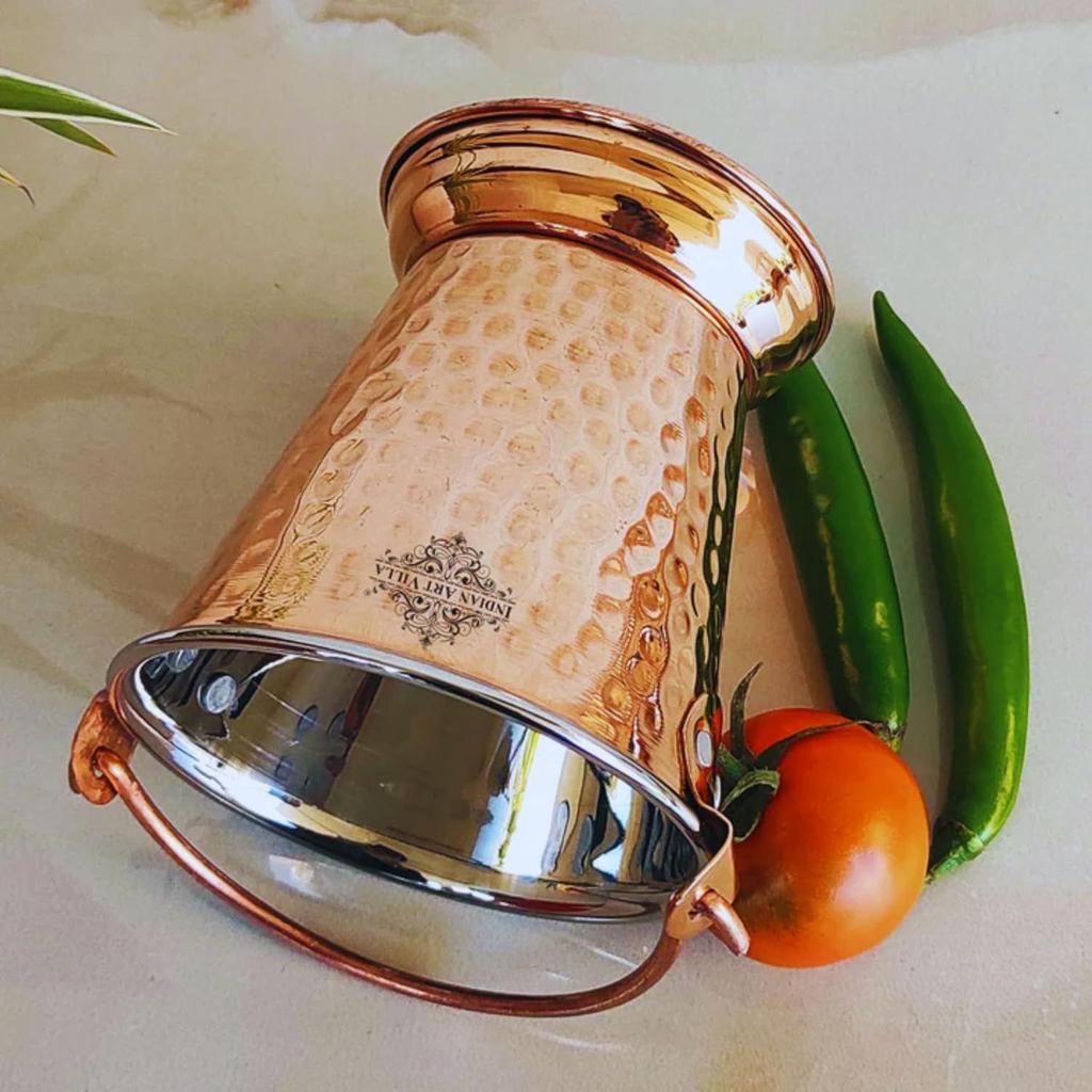 Steel Copper Hammered Design Bucket, Serveware & Tableware for Home, Hotel & Restaurants, Volume-300 ML, Set of 6