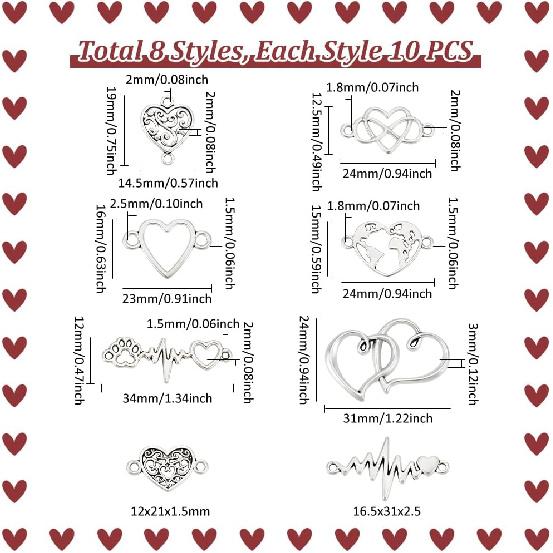 UNICRAFTALE 80Pcs 8 Styles Heart Connector Charms Tibetan Style Charms Heart Links Hollow Heart Charms Love Jewelry Connectors for DIY Earrings