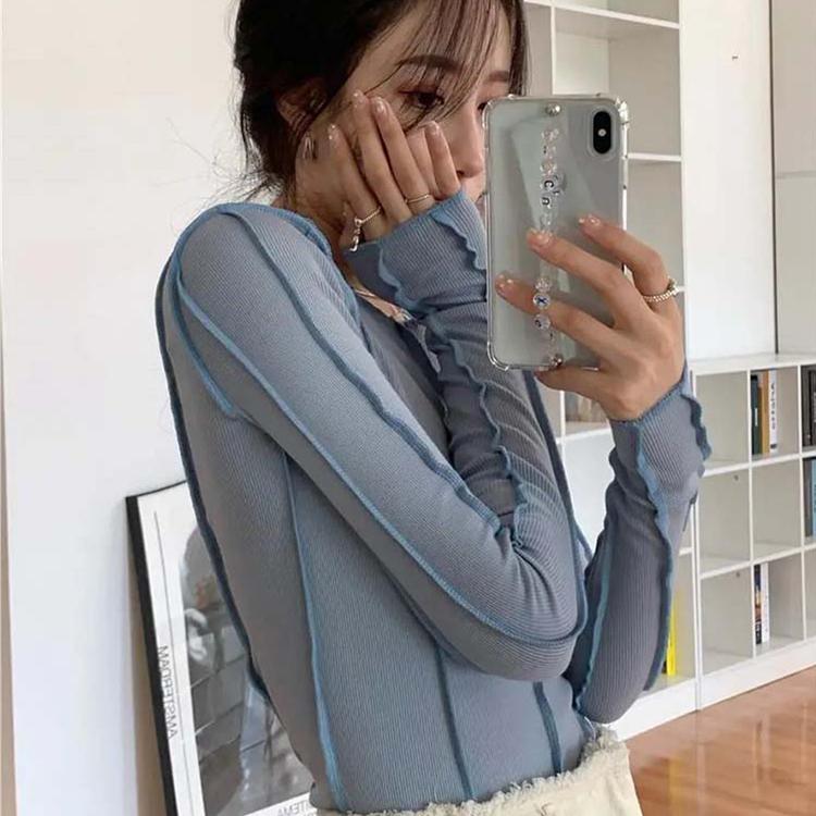Long Sleeve T-shirts Women Spring Solid O-Neck Elegant Bright Line Decoration Slim Casual Soft High Quality Ladies Clothing Tees
