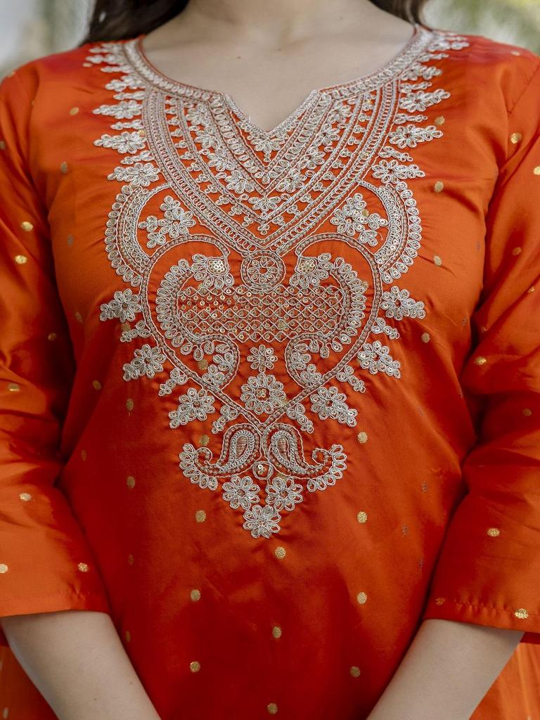 Orange Kurta Set for Women Embroidered Ethnic Suit with Dupatta Festive Wear