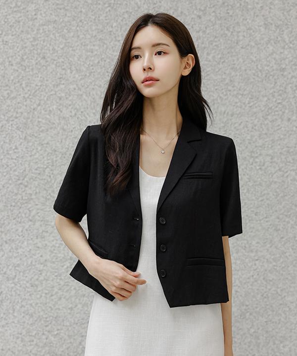Frenchchic Chiccro Linen Semi-Crop Short Sleeve Jacket_F6H438Jk
