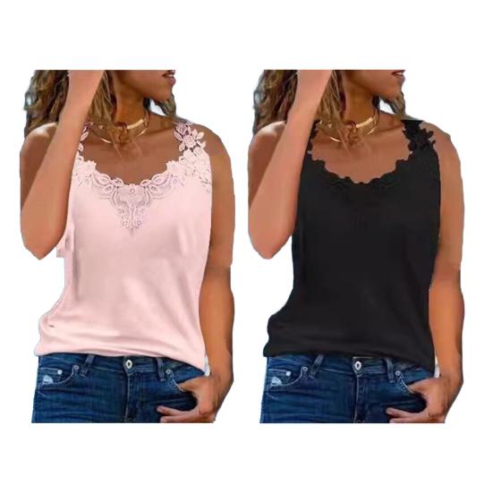Women Vest V-neck Sleeveless Lace Sling Tops Solid Color Loose Fit Commuter Style Summer Vest Daily Wear