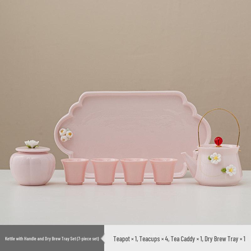 Women's Pink Ceramic Gongfu Tea Set with Teacup, Saucer, and Floral Handle Pot