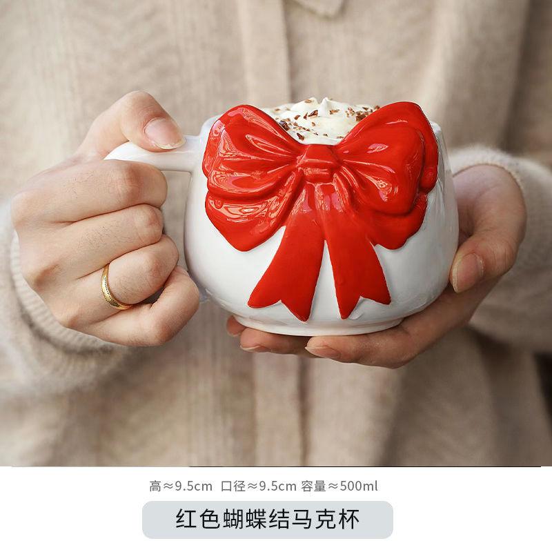 Bow Knot Kawaii Ceramic Mug Niche Hand-painted Girlfriend Princess Coffee Latte Cup Home Breakfast Milk Drink Mugs Birthday Gift