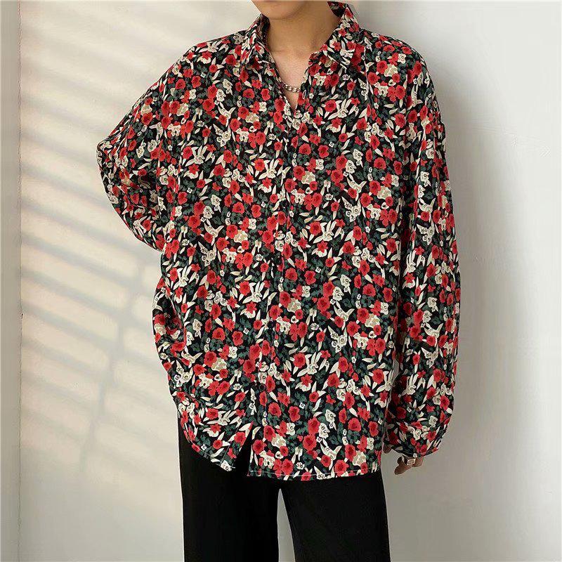 Men's Japanese-Style Full Print Long Sleeve Shirt - Casual, Trendy, Hong Kong-Style Cardigan for Spring/Autumn