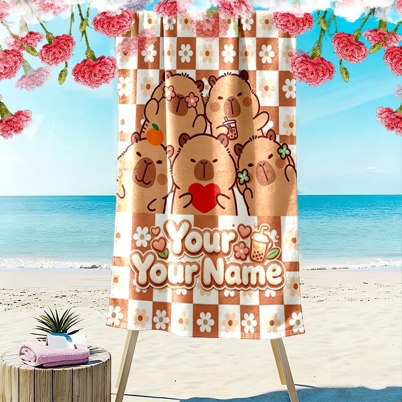 Name Custom Capybara Cartoon Print Beach Towel, Large Soft Quick Dry Towel for Beach Camping Swimming