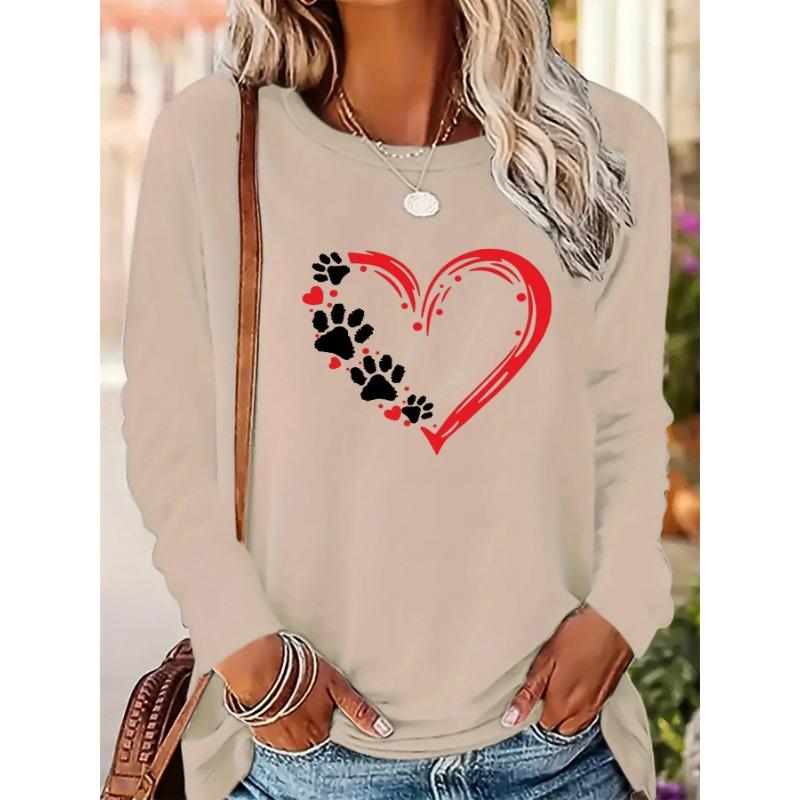 Spring and Autumn Round Neck Heart and Paw Print 3D Printed Top Fashionable Casual Long Sleeved Women's T-shirts