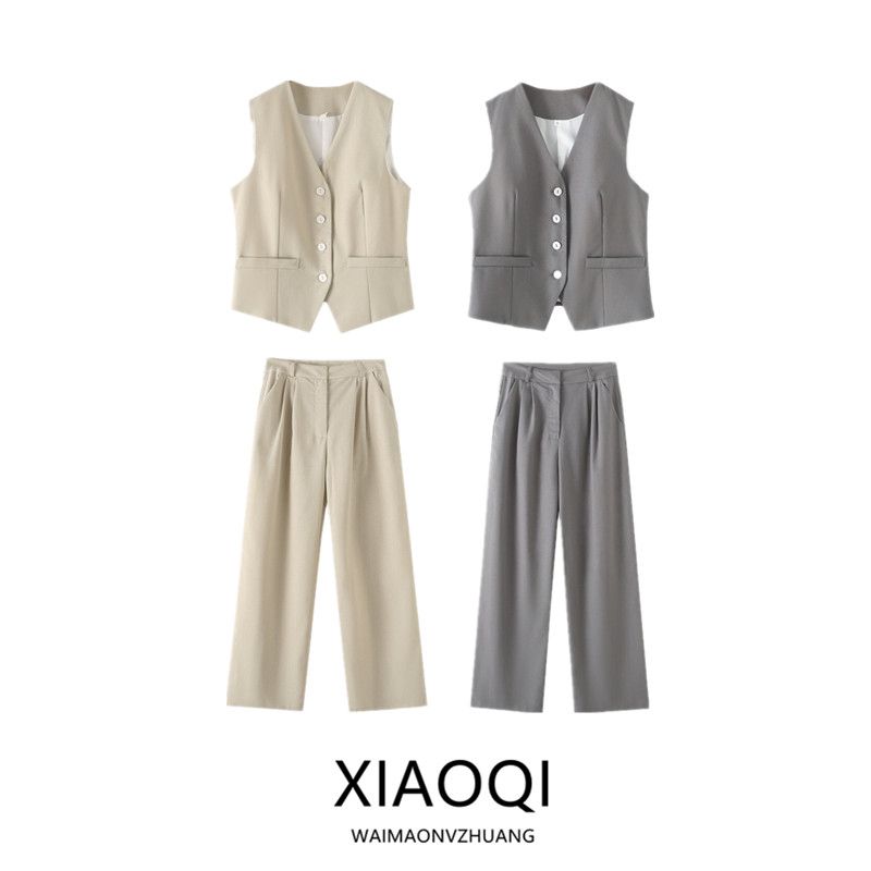 Fashion Style 2024 New Fall Women's Clothing Commuter's All-Matching Slim Looking Sleeveless Cotton Linen Vest Mid Waist Pants Suit