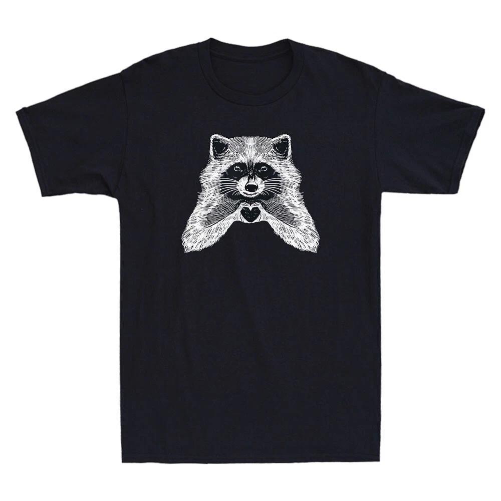 Raccoon Showing Love With Finger Heart Funny Graphic Vintage Men s T-Shirt Gift XS
