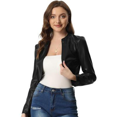Allegra K Women's Cropped Cardigan Motorcycle Jacket/Bolero with Shrug, Open Collar, Long Sleeves, Leather and PU Leather, Black, Size XL