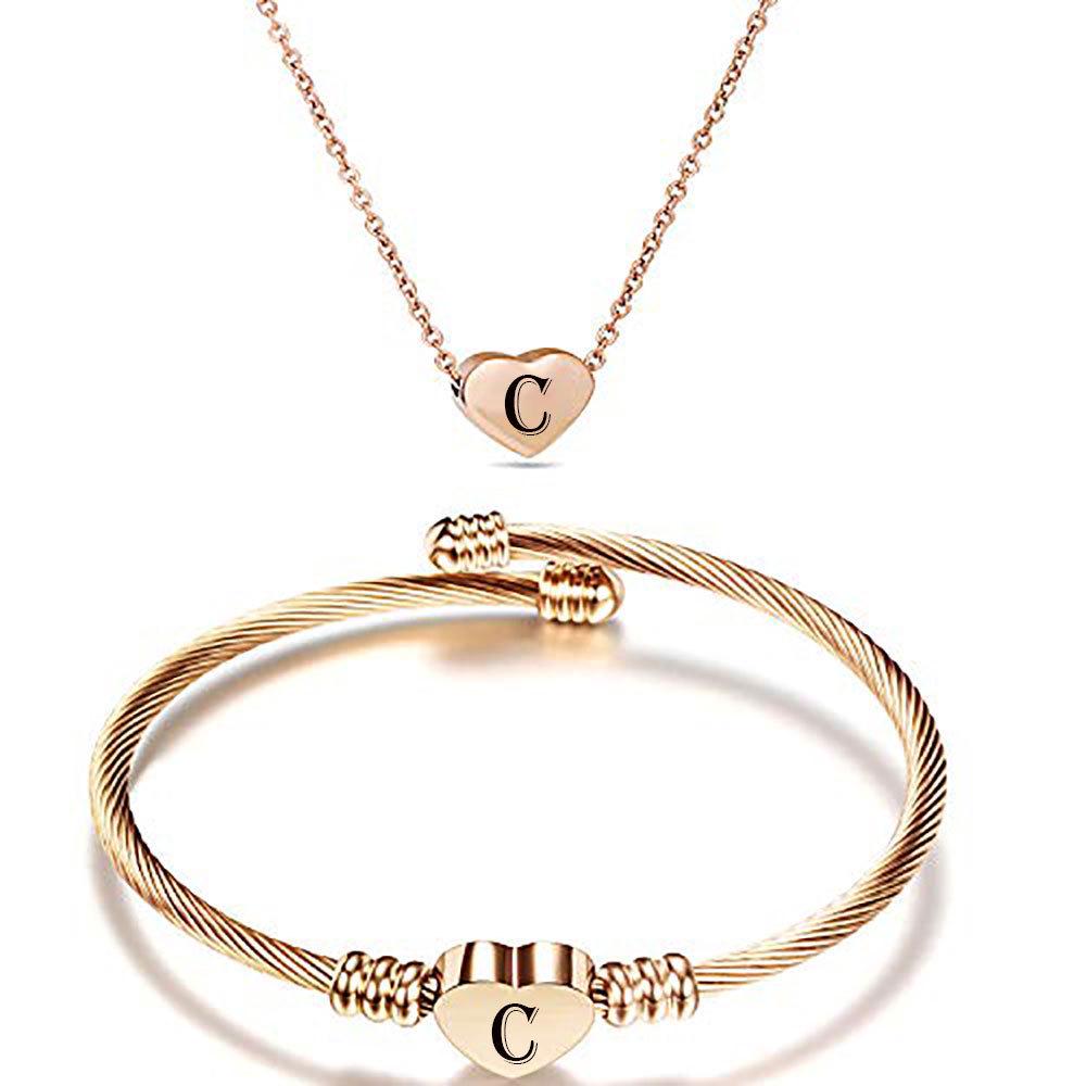 Stainless Steel Rose Gold Heart Pendant Necklace & Bracelet Set - 26 Letters