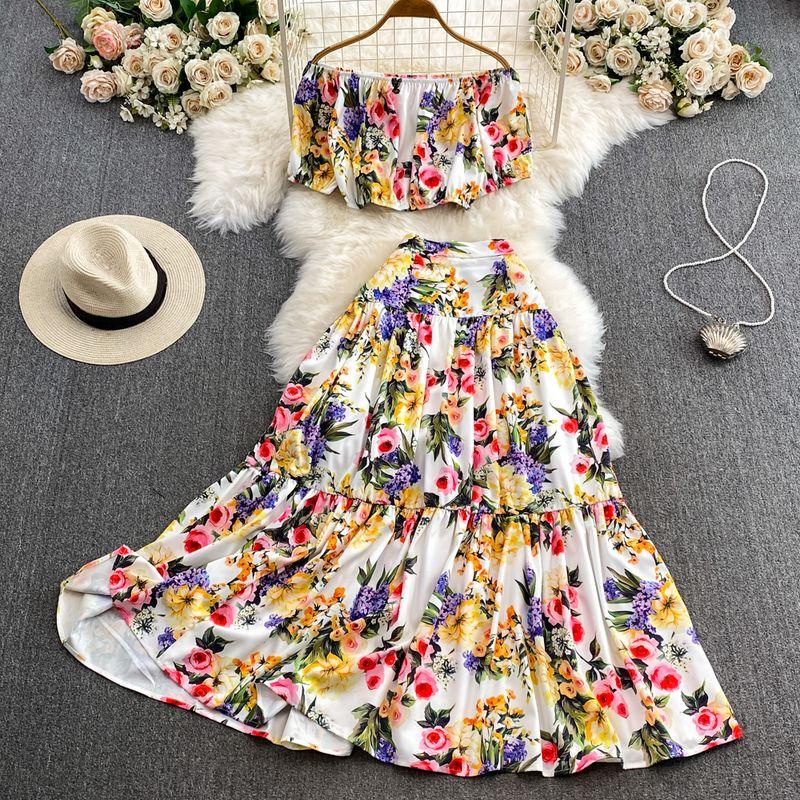 

2024 Socialite Women s Clothes Sexy Tube Top Temperament Printed Tops + High Waist Slim Looking Big Hem Skirt Two-piece Set Flowers with white background XL