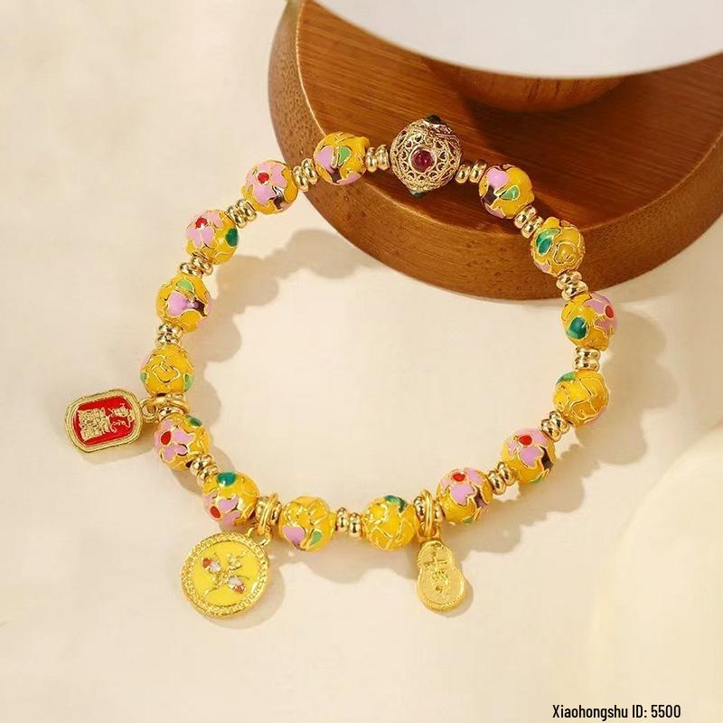 Auspicious Yellow Jambhala Cloisonné Bracelet with Gold Foil Beads