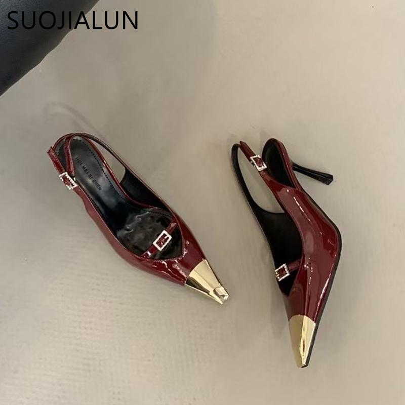 Fashion SUOJIALUN New Women Pumps Shoes Fashion Mix Color Ladies Eelgant Sandal Shoes Pointed Toe Thin High Heel Dress Slingback Shoes
