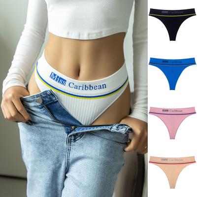 Women's Sexy Sports Fitness Thong Panties Lettered Medium High Waist Striped Seamless G-string Couple's Underwear