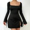 European & American Style Red Square Neck Dress for Women - Autumn/Winter High Waist, Versatile A-line with Slit