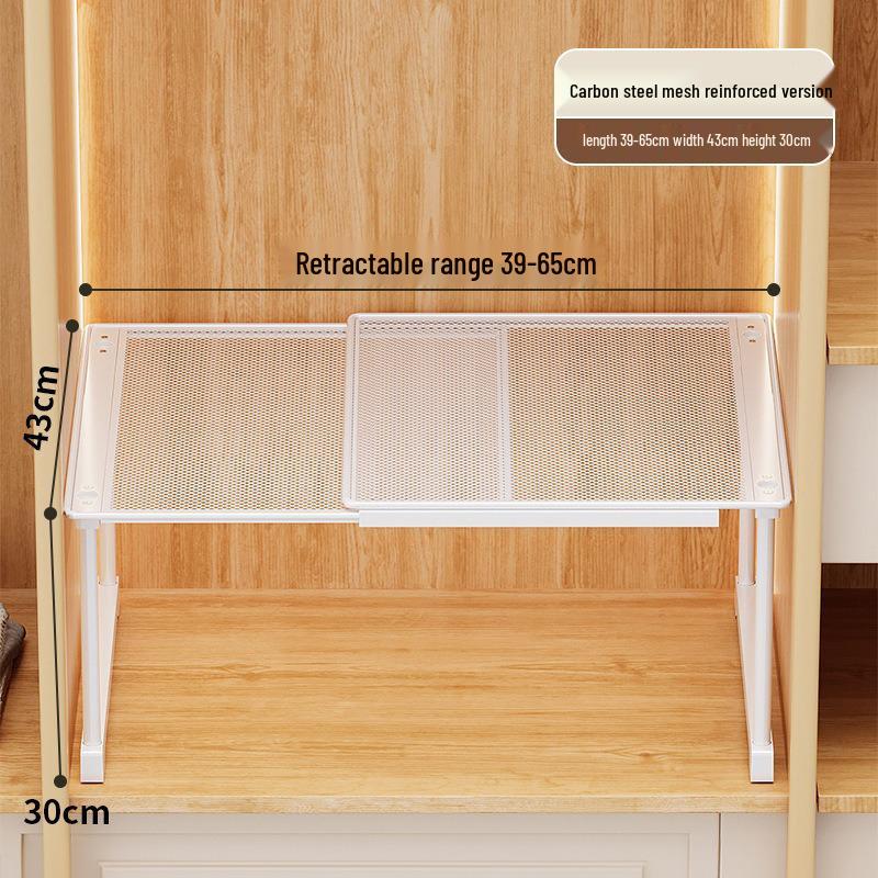 Punch-Free Retractable Kitchen Cabinet Organizer: Iron Art Grid Shelf & Stackable Wardrobe Partition.