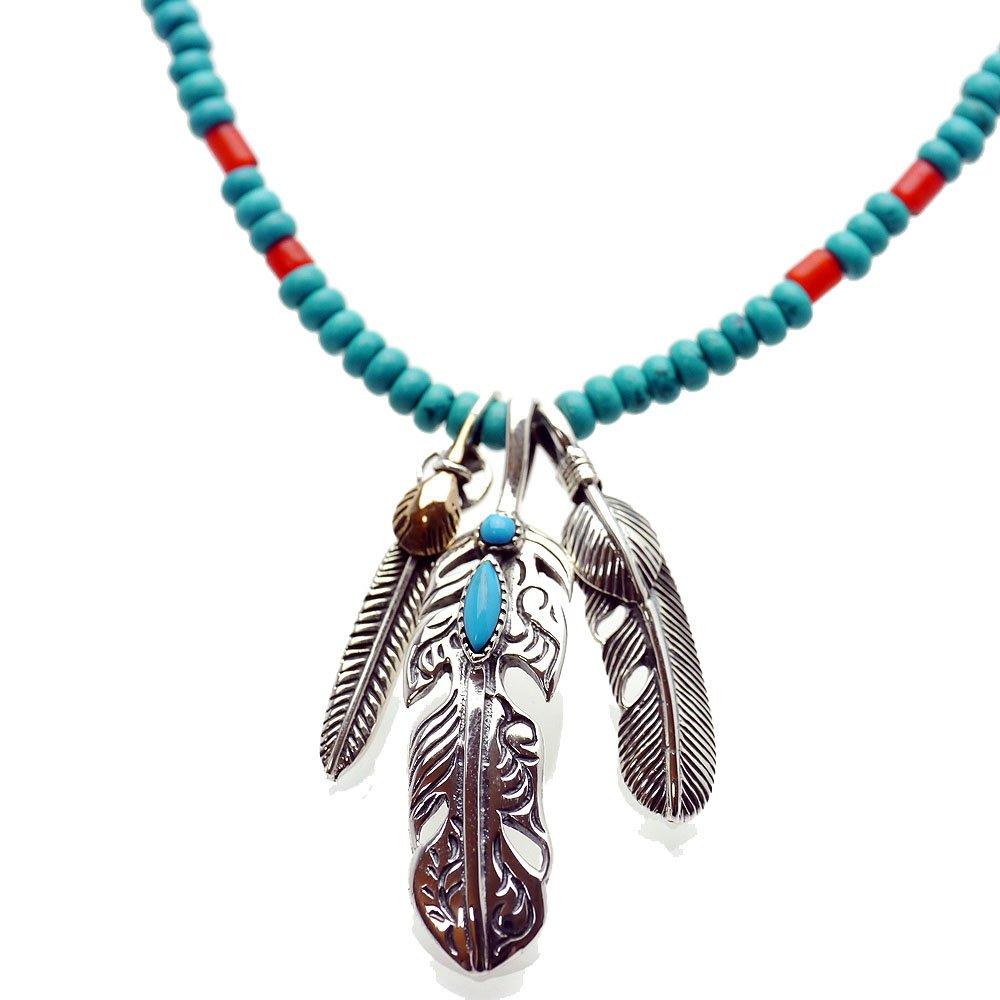 

on Triple Feather Turquoise Pendant Beads Necklace for Silver 925 [Silver One] Men,