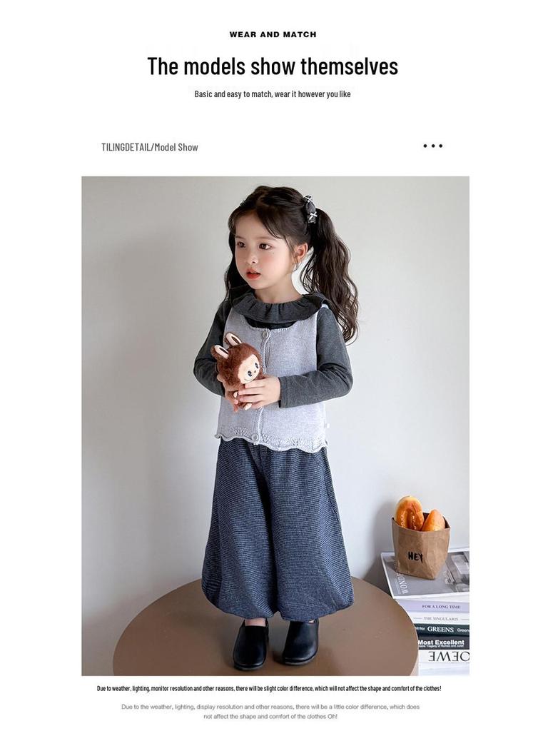 Autumn 2025 Girls' Trendy Long-sleeve Wide-leg Pants 3-piece Set