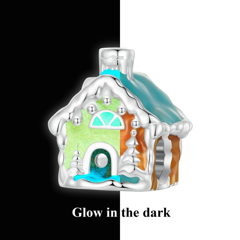 WOSTU 925 Sterling Silver Luminous Christmas House Charms Santa Claus Bead Glow In Dark Xmas Pendant Fit DIY Bracelet Necklace