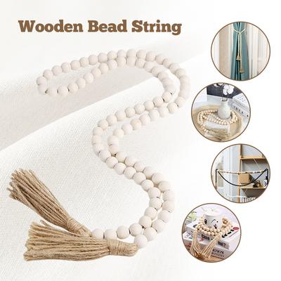 14/16mm Original Wood Color Hemp Rope Wood Bead Garland with Tassels Rustic Country Decor Prayer Boho Beads Wall Hanging Decor