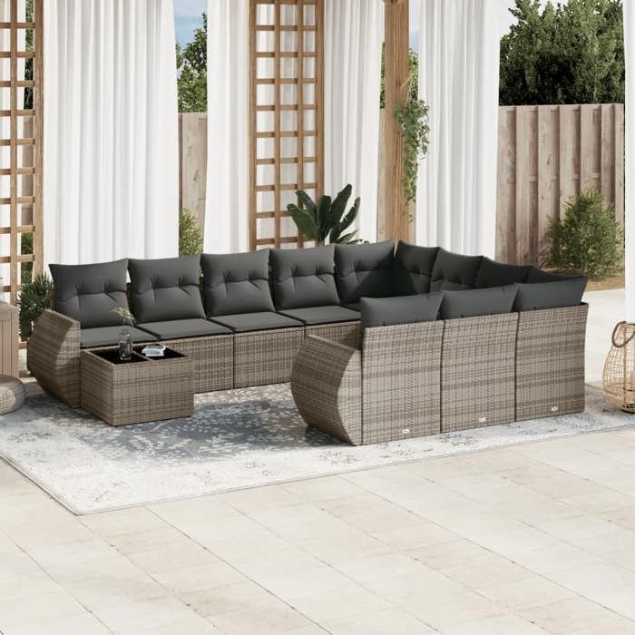 VidaXL Salon de Jardin avec Coussins 11 pcs, Canapés de Terrasse, Ensemble de Meubles de Patio, Mobilier d'Extérieur, Gris 3254267