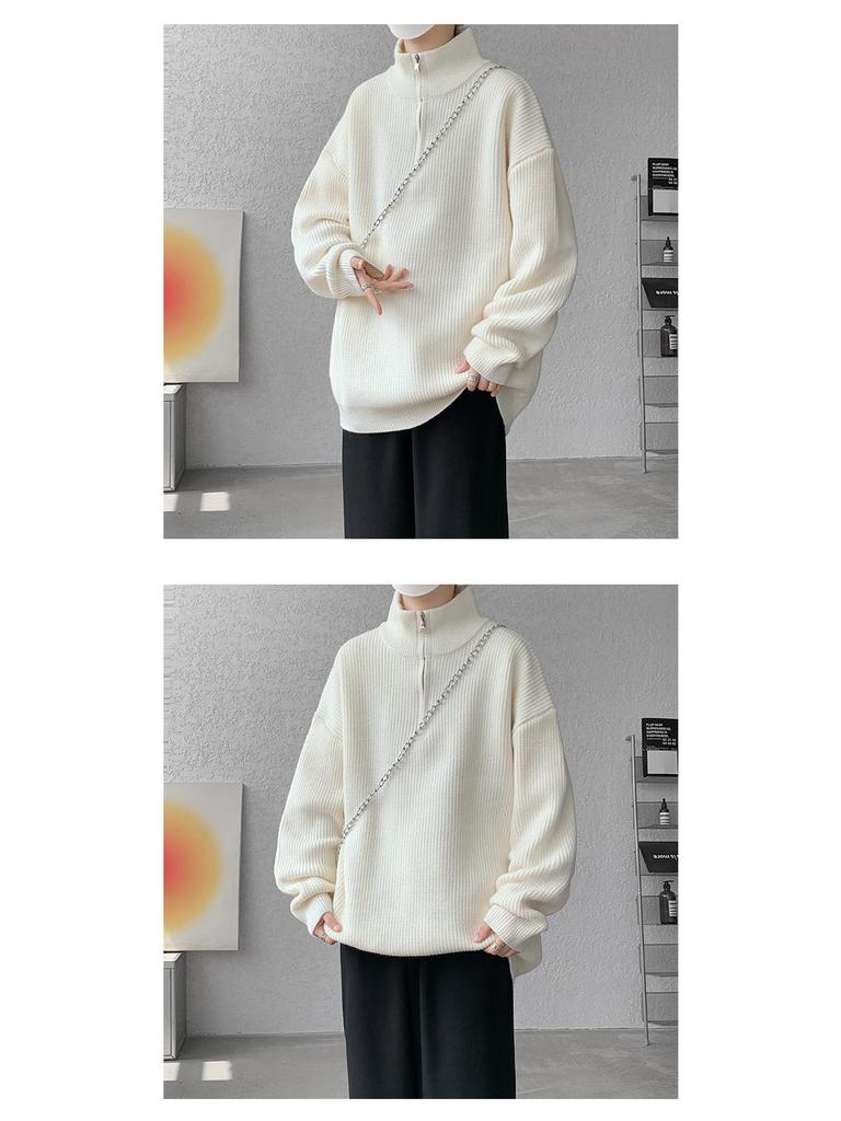 Men's Korean Style Loose Lapel Half-Zip Knit Sweater - Solid Color Pullover