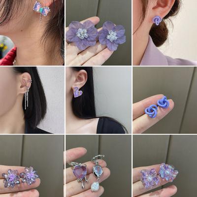 1 para wiszących kolczyków prostych geometrycznych fioletowych kwiatów serca kolczyki sztyfty