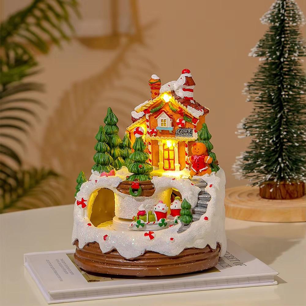 Christmas Music Box Gingerbread Man Snow House Ornaments with LED Light Resin Rotating Music Figurines Home Christmas Decoration
