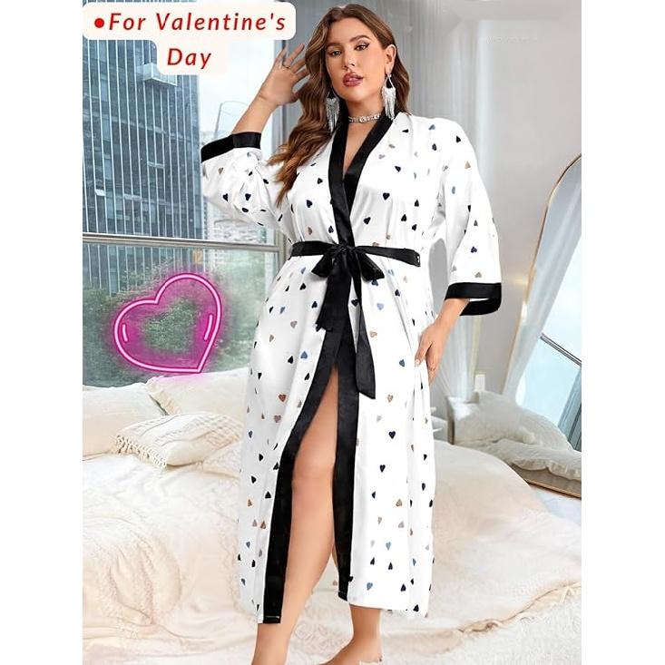 Women's Plus Size Valentines Robe, Sexy Satin Robe Long Sleepwear