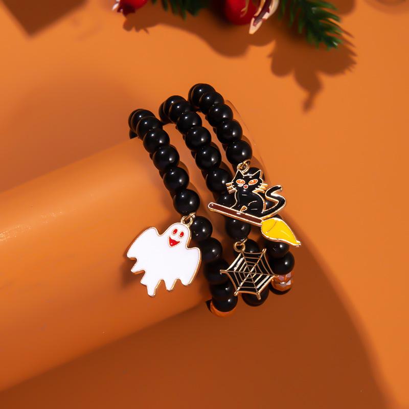 3 Pcs Halloween Black Beaded Bracelets Set for Women Handmade Spider Web Ghost Cat Pendant Bracelet Girls Party Jewelry Gift