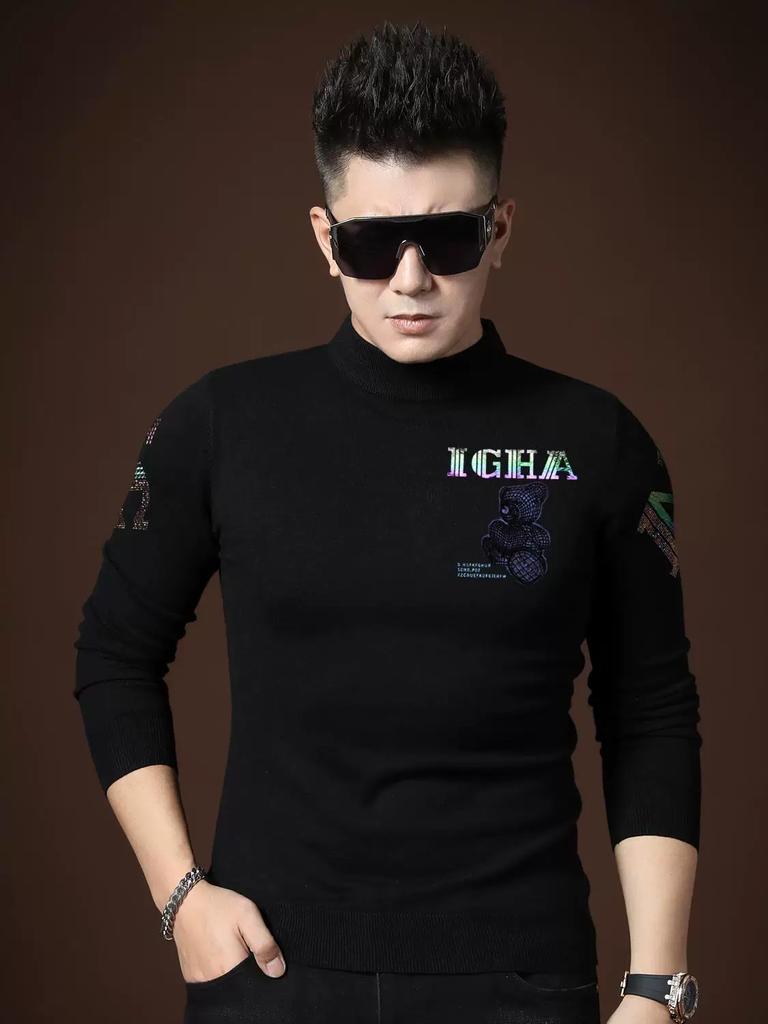 European Style Half-Turtleneck Pullover Men's Knit Sweater 2025 New Autumn Trendy Bear Rhinestone Top for Men