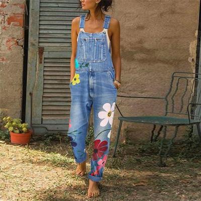 Damen Frühling und Sommer Denim-Overalls, Blumen-bedruckte Overalls, lockere, lässige lange Hosen, Übergröße XS-6XL