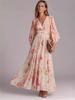 Elegantes Temperament Print Laternenärmel V-Ausschnitt Langes Kleid für Damen