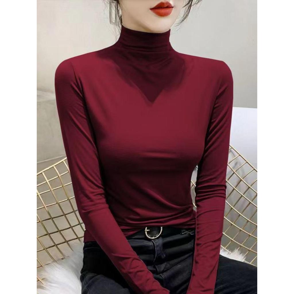 Women's Thickened Slim Fit Long Sleeve T-Shirt with Double-Sided Plush, Mid-High Neck, Brushed Base Layer Top for Autumn/Winter Warmth