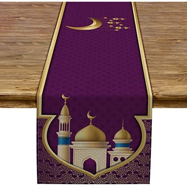 

Рамадан Льняная скатерть Ид Мубарак Ифтар Исламская мечеть Скатерть Религиозный фестиваль Ресторан Домашний декор Скатерть 150x33cm 59x13inch