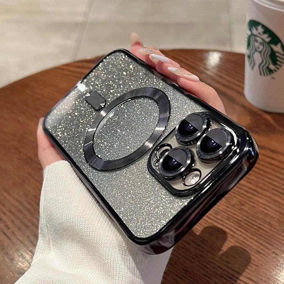Woman Luxury Plating Glitter Case For Magsafe For iPhone 15 13 11 12 14 Pro Max Plus Accessories Magnetic Wireless Charge Cover