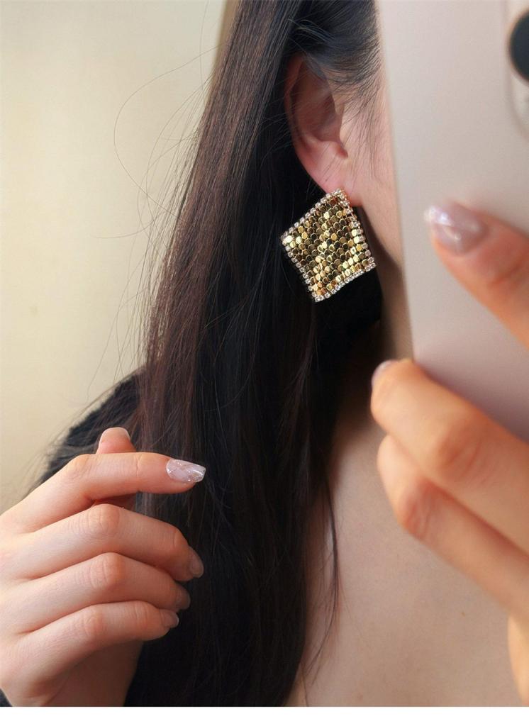 Gold-Plated Silver Zirconia Rhombus Tassel Stud Earrings - Elegant High-End Jewelry for Women