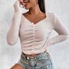 European and American Tops Women's Short Tight Sexy Knitted Sweater Pleated and Thin Slim Bottoming Shirt Wide Neck Long Sleeves