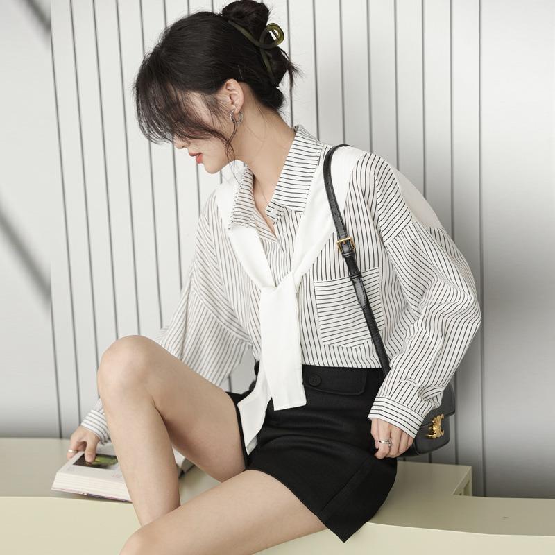 Spring Shawl Striped Shirt Women Long Sleeve Loose Design Blouse Niche Tops