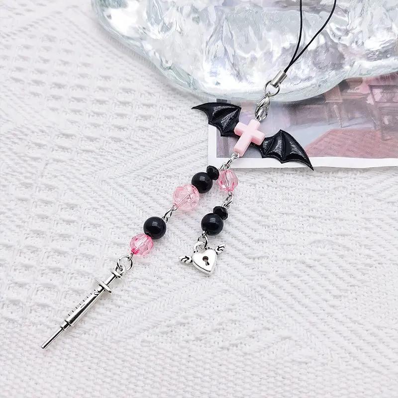 Y2K Handmade Mobile Phone Chain Charms Strap Gothic Dark Style Demon Bat Wings Syringe Heart Lock Cool Girl Pendant Gift