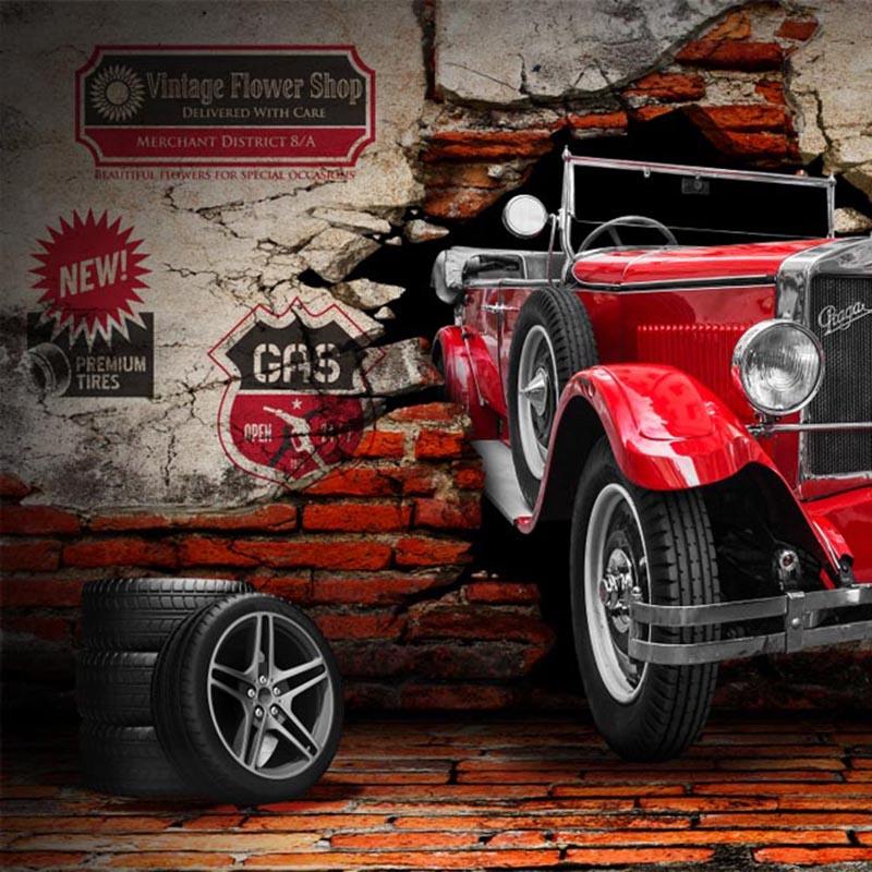 Retro 3d Tapet Rød Bil Veggmaleri Restaurant Kafé Bar Ktv Stue Bakgrunnsveggmaleri Dekorasjon