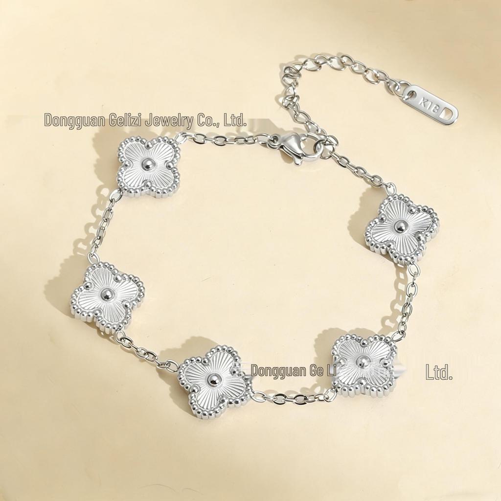 18K Engraved Stainless Steel Four-Leaf Clover Jewelry Set: Necklace, Bracelet, and Earrings