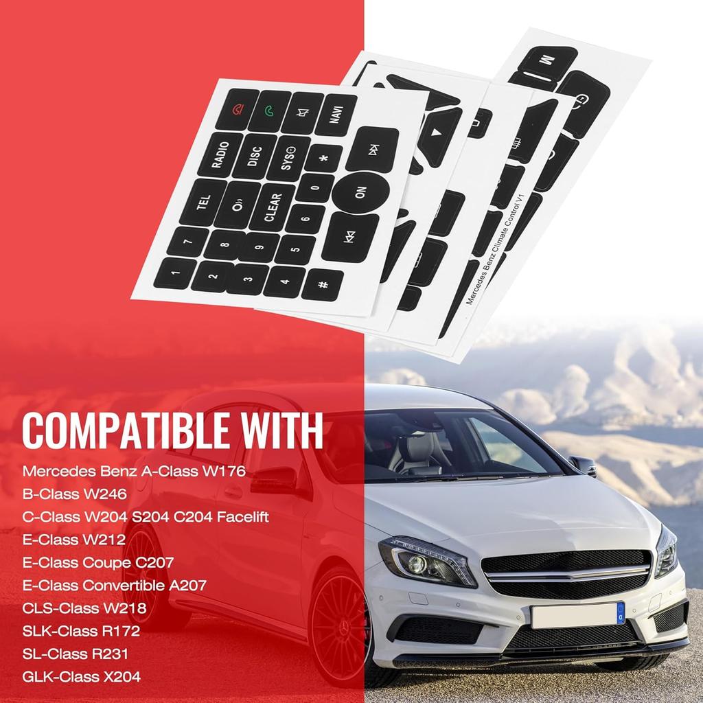 RDBS Car Interior Button Stickers Fit for Mercedes Benz W176 W246 W204 W212 C207 A207 W218 R172 R231 X204 Steering Wheel Window Door Lock AC Seat