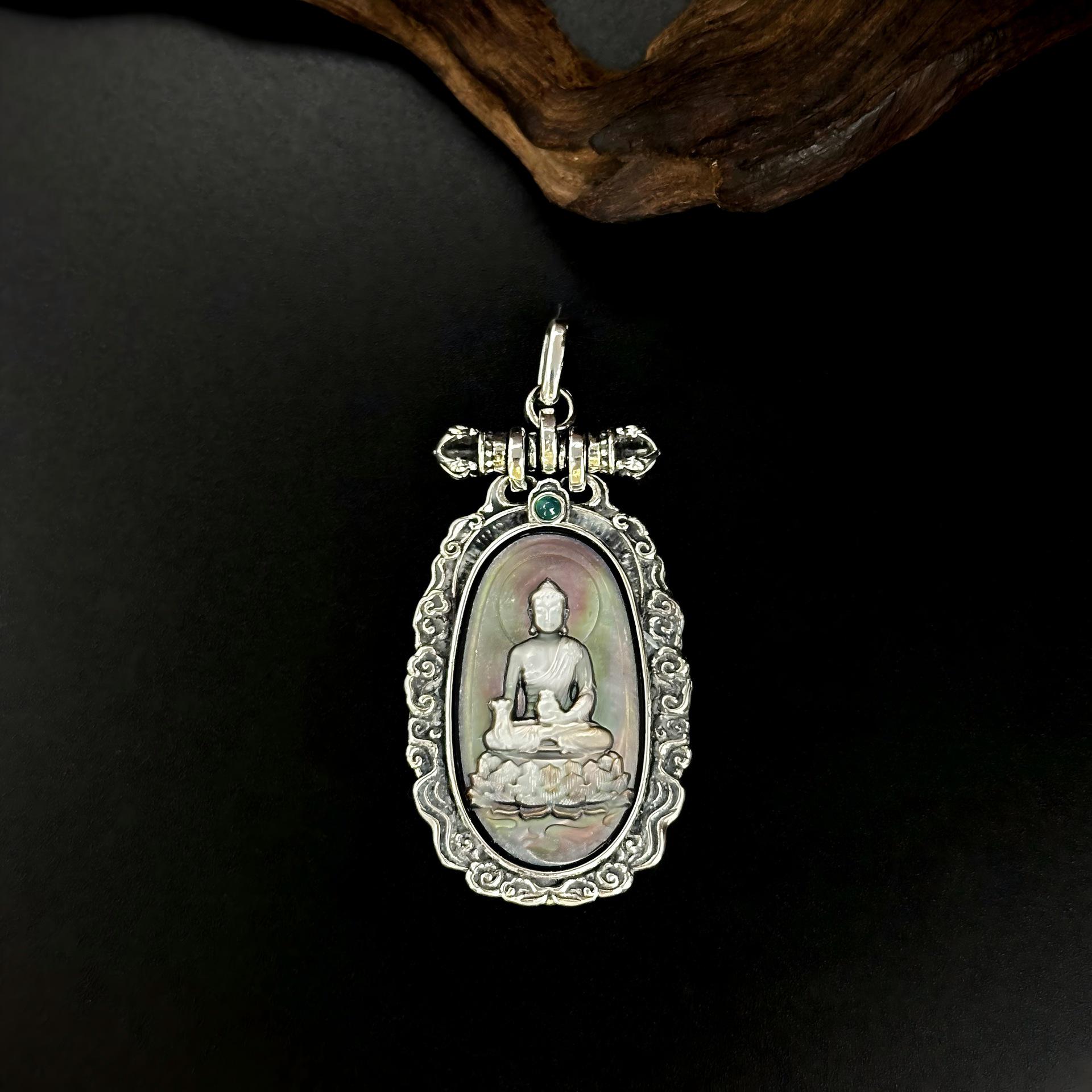 S925 Sterling Silver Medicine Buddha Pendant with Natural Shell Carving, Ethnic Auspicious Clouds Design, High-End Fashionable Necklace. 925 Silver