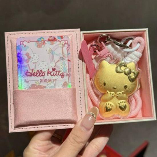Gold Hello Kitty Cartoon 999K Solid Gold Cat Pendant Keychain Mobile Phone Charm