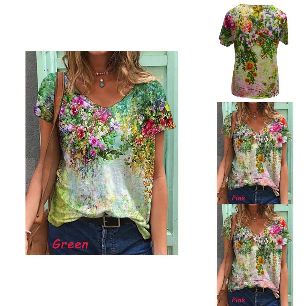 Comfortable Womens V Neck Short Sleeve Blouse Casual Floral Print T-shirt Tunic Tops