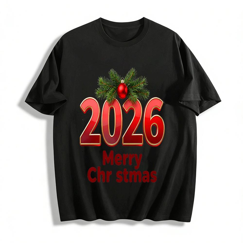 Merry Christmas 2026 Print Casual Top Festive Long Sleeve Tee Pure cotton T-shirt XXS
