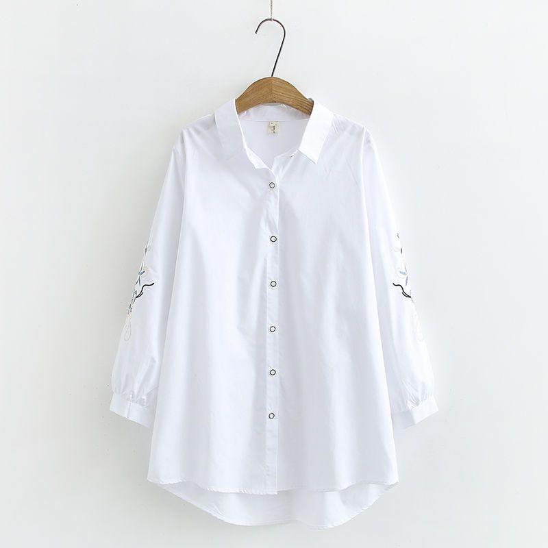 

Spring Fashion Embroidered Shirt Women Stylish Loose Blouse with Lapel Collar M белый
