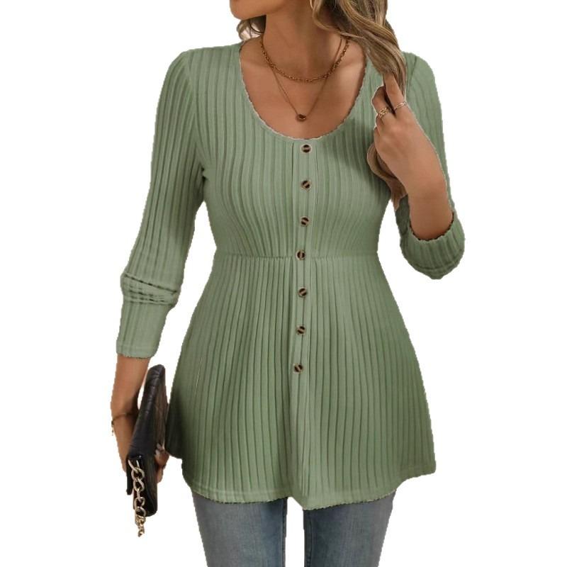 Women S Plus Size Solid Long Sleeve Round Neck Top With Button Decoration
